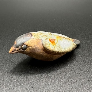 May include: A small ceramic bird figurine with brown, white and black glaze. The bird has a rounded body and a small beak.