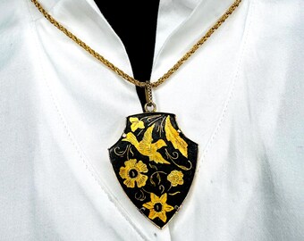 Damascened pendant necklace detailed in artist handcrafted damascened bird plant motif, vintage pendant chain of the 60s