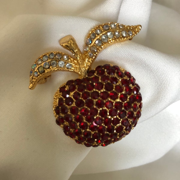 gold plated apple brooch dark red and clear rhinestone decorated high quality vintage brooch