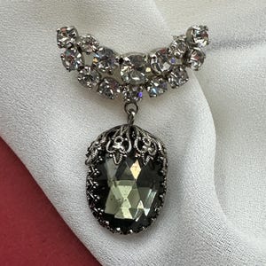 Rhinestone Crystal Brooch Vintage Glamour Cocktail Party 1960s Rhinestone Crescent Moon with Grey Hanging Crystal Stone