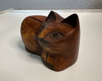 Hand geschnitzte Katze aus Holz Vintage Handarbeit Holzfigur Holzkatze Katzenfigur