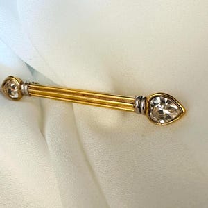 Crystal rhinestone brooch gold-plated and silver-plated clear heart crystal rhinestone decorated, high-quality vintage 1990s -7.4 cm long bar brooch