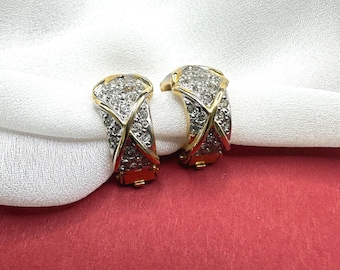 X Design ear clips rhinestone decorated, high-quality vintage 80s-1990s clip earrings, classically elegant and beautiful