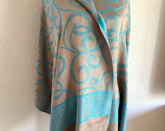 Turquoise Taupe Pashmina High-quality scarf/shawl/vintage stole made of wool and viscose, very good quality