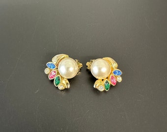 clip élégant festif sur boucles d’oreilles vintage des années 1980 fausses perles boucles d’oreilles clip en strass coloré