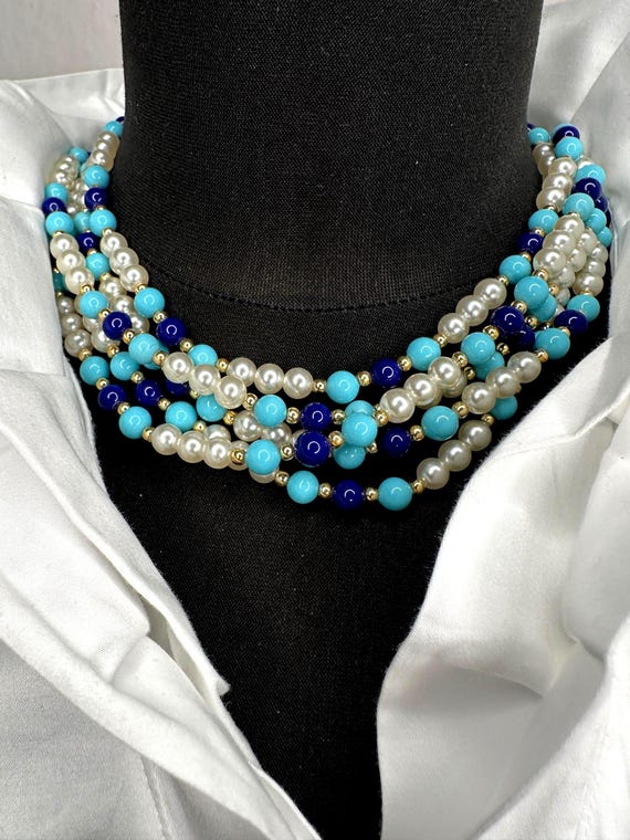Turquoise Glass Pearl Necklace With White, Turquoise and Royal