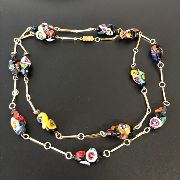 Millefiori Glasperlen Halskette Vintage 1970s bunte Hippie Girl venezianische Perlenkette