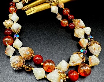 Designer DEAUVILLE necklace, rhinestone flower embellished with Lucite pearls, vintage 1960s signed choker chain in natural colors, uniquely beautiful