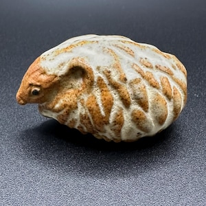 Puede incluir: Una escultura de cerámica de un armadillo enroscado. El armadillo está pintado en tonos marrones y blancos.
