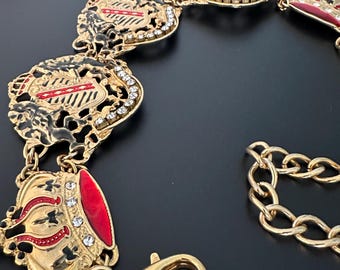Vintage jewelry belt chain links ladies belt 1980s crowns, horses rhinestones, coat of arms high-quality belt ladies belt elegant hip belt