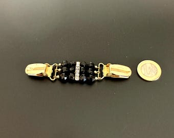 Vintage blouse gatherer/pullover clip brooch with black crystals and clear rhinestones