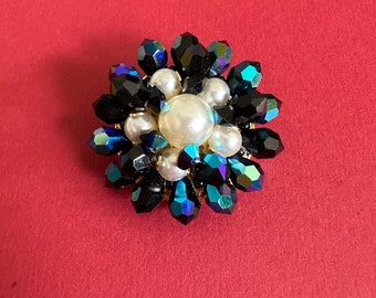 Crystal beaded brooch Aurora Borealis crystals and white faux pearls