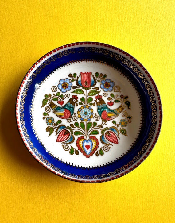 Emailliertes Schälchen Ringschale Gockel Teller Steinböck Emaille 8 cm Ø einzigartig schöne Vintage Künstler Handarbeit, made in Austria