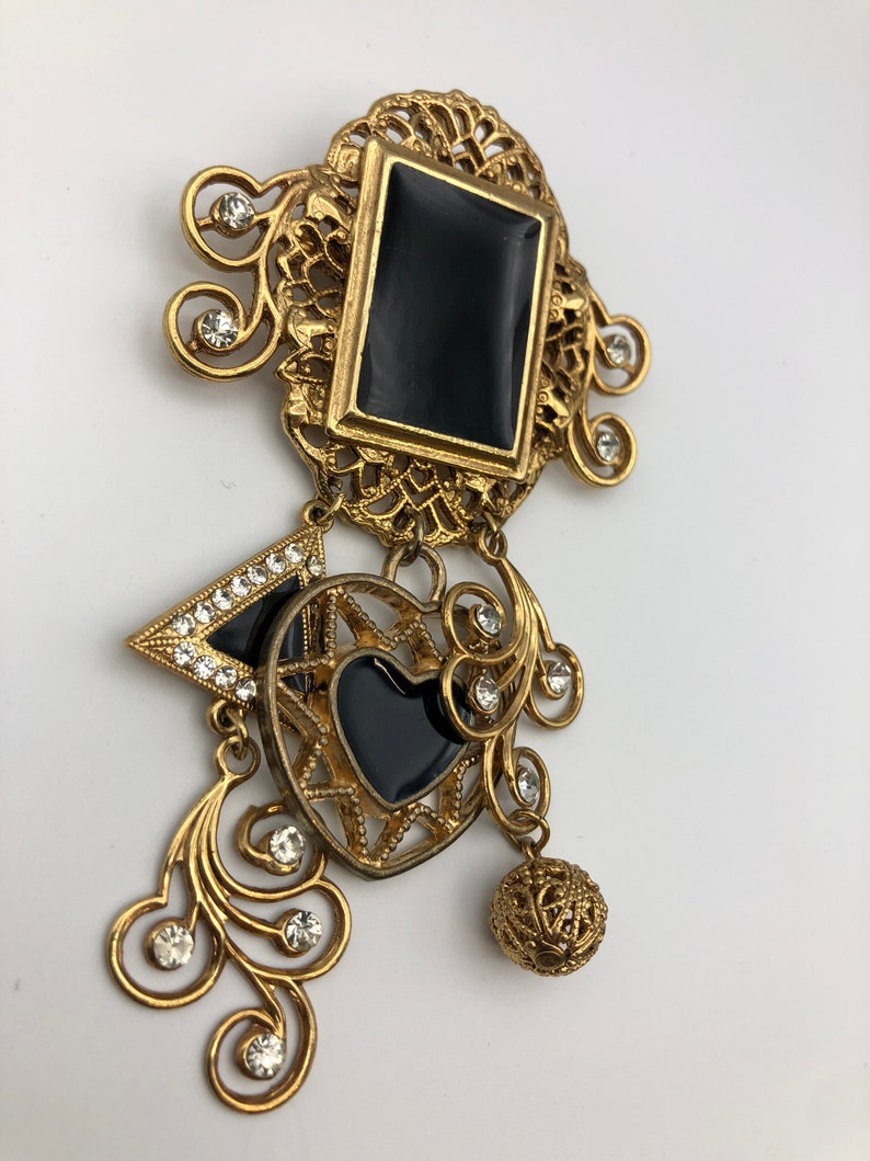 Broche pendentif strass vintage années 1980 émaillée noire et plaquée or, strass décorée, 10 cm de long, broche rare image 3