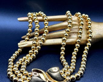 Couture statement necklace, designer NAPIER, signed gold bead necklace, 3 strands, vintage 1980s, high-quality choker chain, 130 grams