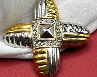 Designer DANECRAFT© brooch vintage couture jewelry, signed 5.5 cm Ø gold-plated & silver-plated rhinestone decorated eye-catcher brooch