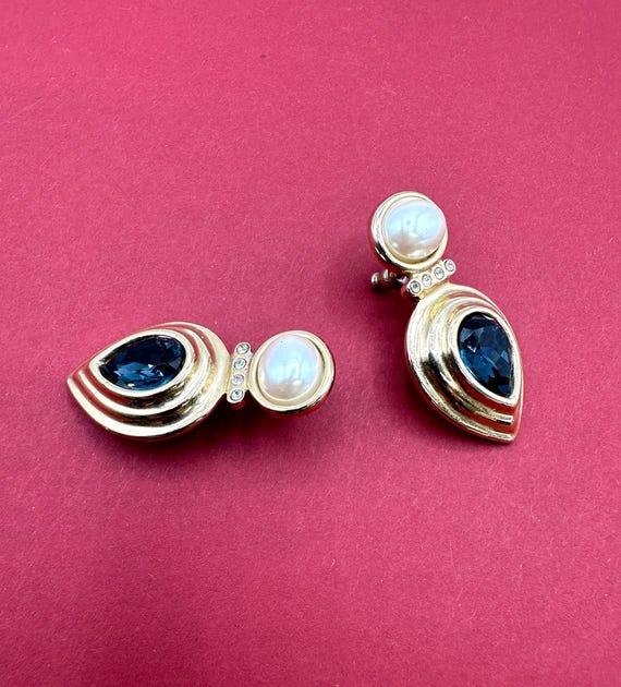 Boucles D'oreilles Vintage Années 90 - Métal Doré, Strass, Perles, Fermoir Clip, Occasion