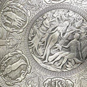 Museum pewter plate wall plate Adam and Eve in Paradise replica of the original in the Louvre, Paris by Francois Briot, from the house of Berendsohn, RARE