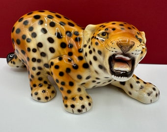 Keramik Porzellan Leopard Giovanni RONZAN 1970s Künstler signierte Hand bemalte Vintage Porzellanfigur Original 1970s Figur