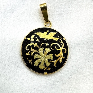 damaszierter Anhänger, 18K vergoldeter, wunderschöner Vintage Halsketten Anhänger Natur Vogel Design, Original 1960s Handarbeit