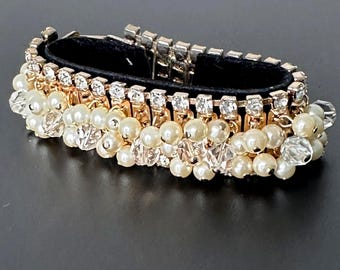 Cha-Cha Bracelet Vintage 1960s Cocktail Party Glamour Bracelet with White Glass Beads and Clear Rhinestones