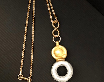 Etruscan style necklace gold plated Swarovski signed rope design necklace with matte gold and silver plated Etruscan style pendant