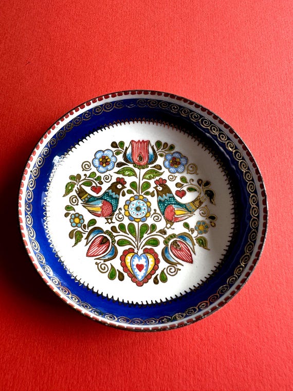 Emailliertes Schälchen Ringschale Gockel Teller Steinböck Emaille 8 cm Ø einzigartig schöne Vintage Künstler Handarbeit, made in Austria