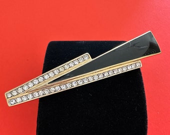 Black enamel brooch vintage 1980s decorated with clear rhinestones, black enamel brooch, 8 cm long