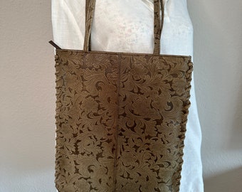 Ledershopper Umhängetasche Shopper Leder Tasche Taupe braun geblümt Vintage Boho Urban Bag