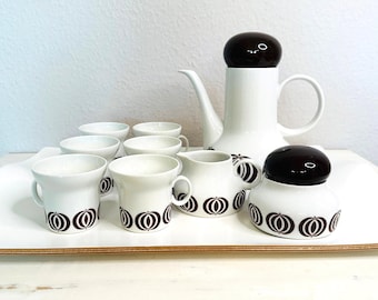 Retro Kaffeservis Vintage 1970-tals Hutschenreuther Tyskland Porslin Kaffekanna Sockerskål Gräddkanna och 6 Koppar Set, Brun Vit