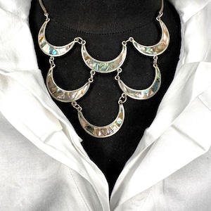 Mother of Pearl Silver Necklace Real Alpaca Silver and Real Mother of Pearl Crescent Design Vintage Silversmith Boho Hippie Era Necklace Chain
