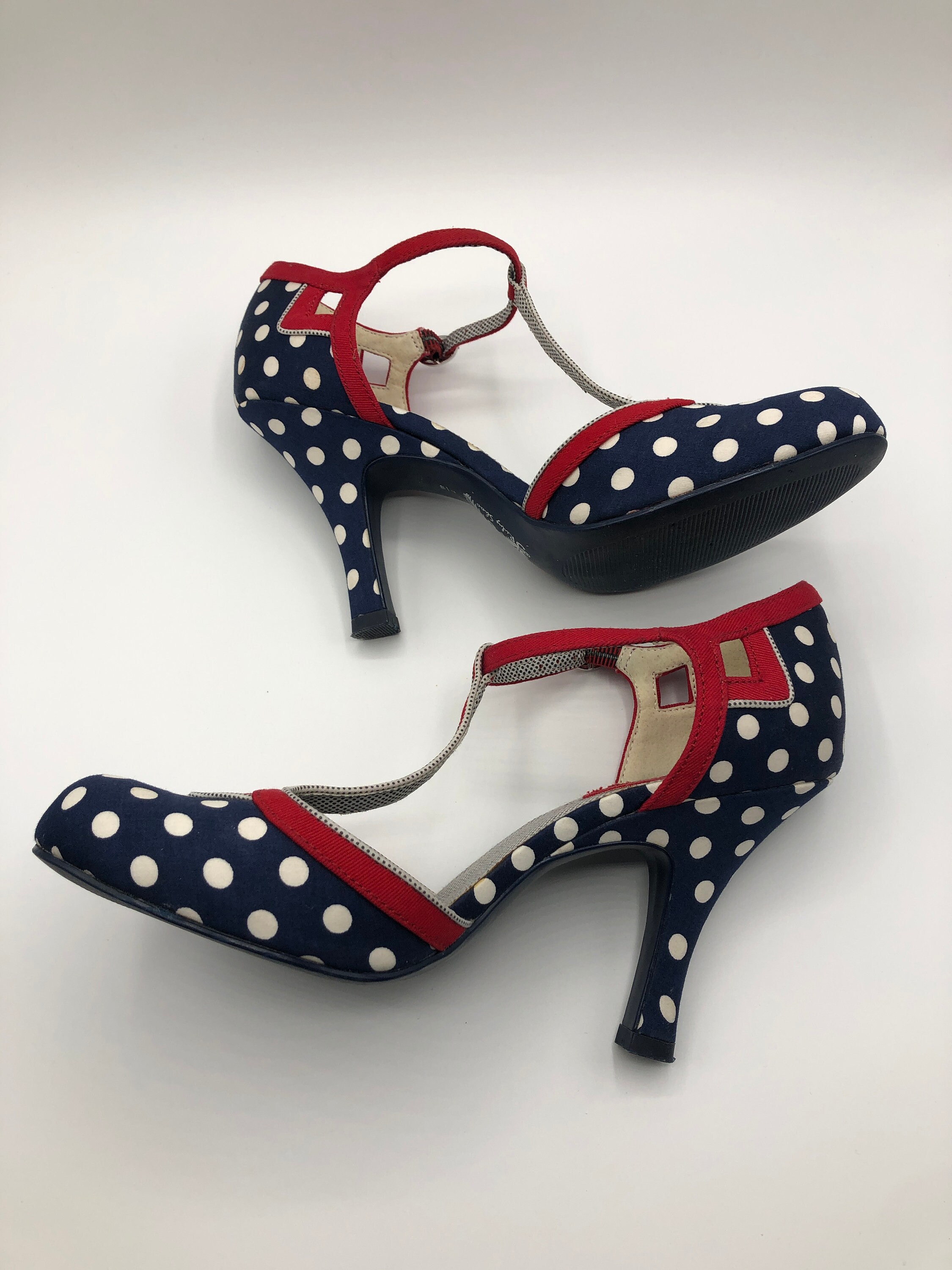 Polkadot Petticoat Shoes Dance Shoes Vintage 1950s 60s Dot Shoes dark blue red and white