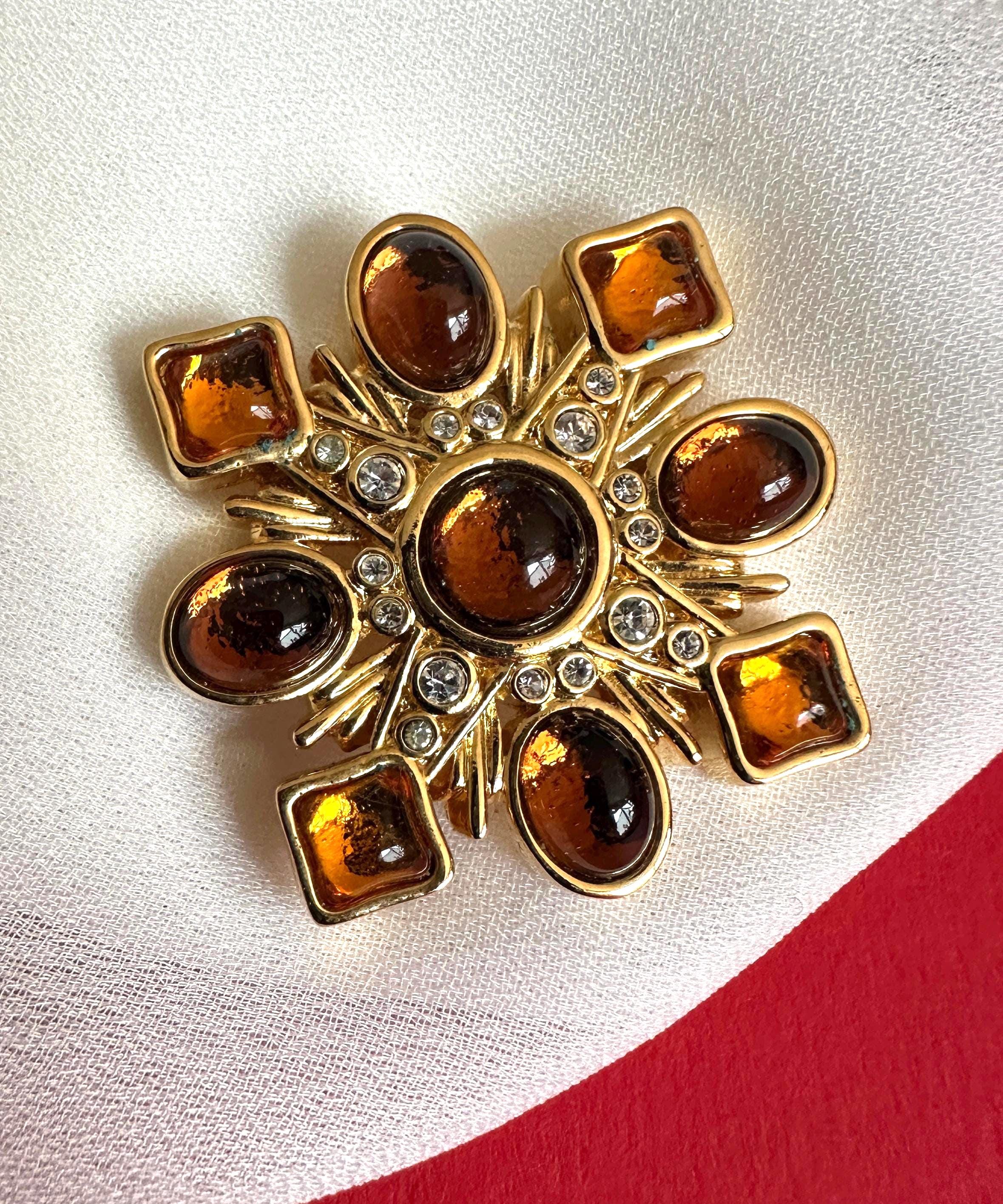 Broche Vintage En Métal Argenté Avec Strass Et Cabochon - Ancienne Barette - Occasion