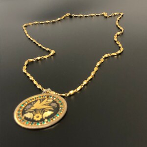 Damascus Pendant Necklace Beautiful rare gold plated filigree bird and flower rhinestone embellished vintage 1960s pendant necklace