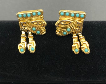 Türkise Designer Ohrclips Salvador Teran for Marbel SA Mexico vergoldete echte Türkise Aztek Stil Vintage Clip Ohrringe