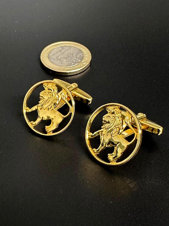 Boutons De Manchette Anciens Pensionnat Anglais - Motif Lion & Rayures Marine/Jaune - WM
