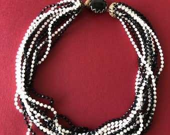 Black and white necklace vintage 1950s 12 strand choker chain, beautifully decorative and touch light