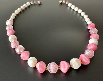 Pink glass pearl necklace beautiful vintage 1960s necklace chain with rhinestone clasp