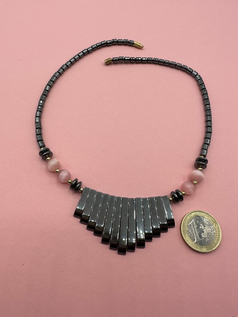 Hematite natural stone necklace Beautiful elegant boho lady necklace 1970's pink moonglow glass beads decorated hematite necklace necklace hématite image 10