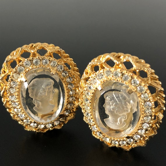 Intaglio Crystal Earclips Gold Plated Clear Rhine… - image 4