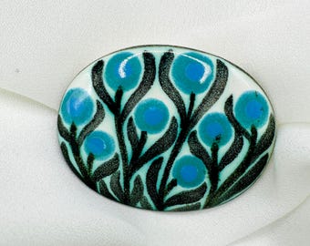 Turquoise ceramic brooch vintage artist handmade from the 1960s - 70s, particularly beautifully hand painted