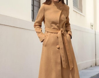 Camel Wool coat, Wool wrap coat, Womens wool Coat, Women's autumn winter wool coat with pockets, Long wool coat, Belted wool coat L0549