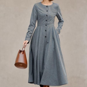 Midi wool dress, Gray Wool Dress, Winter Wool Dress women, Long Sleeves wool Dress, Fit and Flare Dress, Womens Dresses, Custom dress L0534