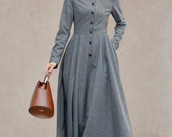 Midi wool dress, Gray Wool Dress, Winter Wool Dress women, Long Sleeves wool Dress, Fit and Flare Dress, Womens Dresses, Custom dress L0534