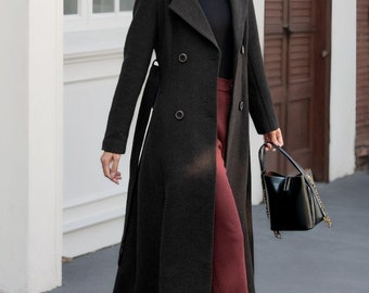 Classic Brown Herringbone Woolen Long Coat for Women – Sophisticated Winter Style for Versatile Occasions L0689