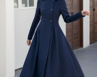 Marineblauer Wollmantel, Langer Damen Wollmantel, Wintermantel Frauen, Wollmantel Frauen, Zweireihige Oberbekleidung mit Ausgestelltem A-Linien-Design L0693