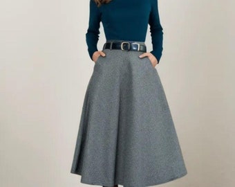 Grauer Wollrock, Midi Rock aus Wolle, Damen Rock, Herbst Winter Rock, A Linie Rock, Hohe Taille Rock, Rock mit Taschen, Rock nach Maß L0662
