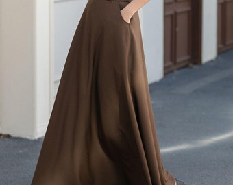 Plus Size A-Line Brown Long maxi Skirt, Womens skirt, Vintage style 1950s Flared Skirt, Spring skirt, Custom work skirt L0710#
