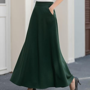 A Line Green Long maxi skirt for womens, plus size skirts, Skirt with pockets, Spring skirt, Evening skirt, custom clothing L0708#