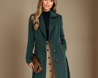 Wool Coat, Women's Green Coat, Long Wool Coat, Winter Warm Coat, Wool coat women, Belted Wool Coat, Coat with Pockets, Handmade Coat L0640